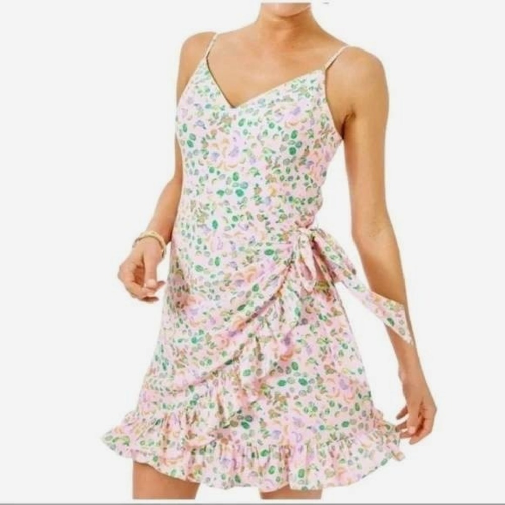 Lilly Pulitzer‎ Alisa Pink "Fruit Salad" Ruffle Wrap Mini Dress Size 00 005220